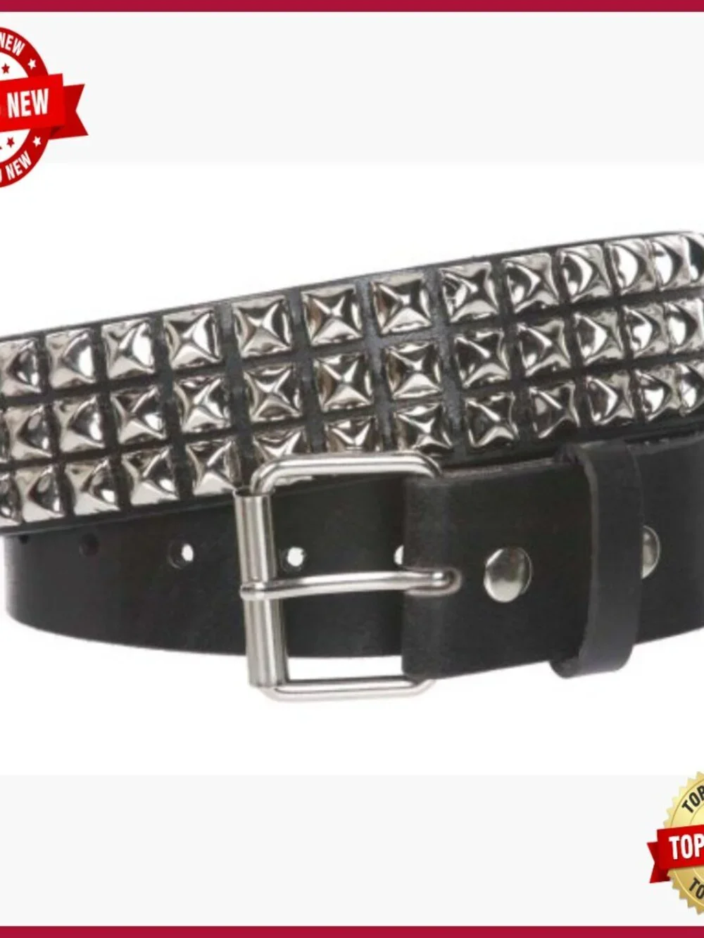 Three Row Studded Punk Rock Leather Belt - Snap On Buckle